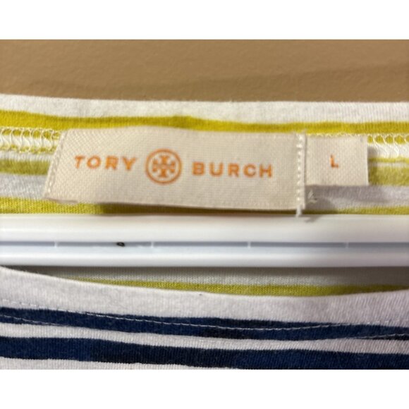 Tory Burch 100% Cotton Blue Yellow Striped Boat Neck 3/4 Sleeve Women's Large - Picture 3 of 9